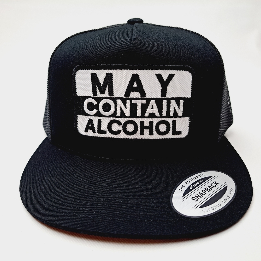 May Contain Alcohol Flat Bill Trucker Mesh Snapback Cap Hat Black Embroidered